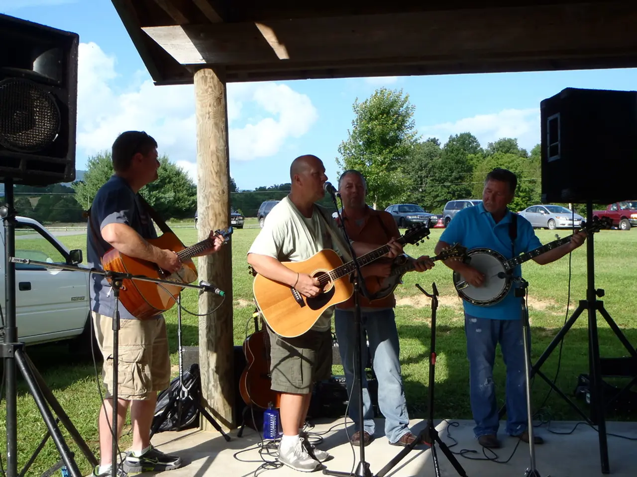 Here we can see a four people who are standing and they are playing a guitar and singing on a...
