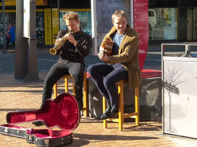 In the picture we can find two men sitting on the stools and a floor we can find a guitar box. One...