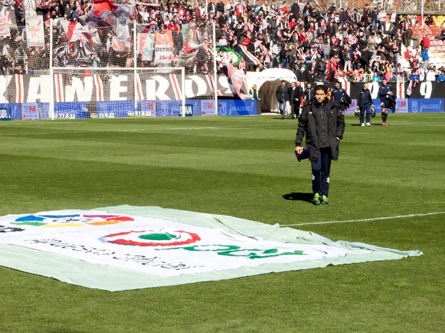 In this image there are a few people walking on the ground and there is a banner with some text and...