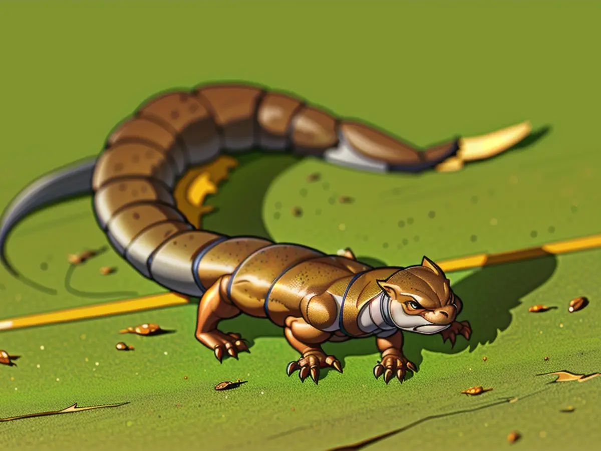 A tiny golden salamander, featuring prominent eyeballs, perches on a foliage piece.