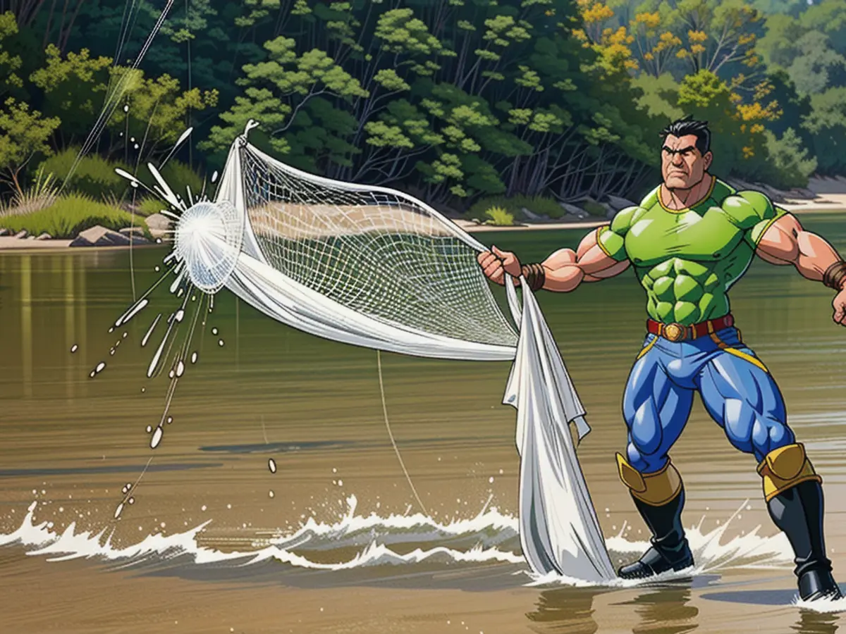 A Peruvian resident, wearing knee-high boots, positions himself in the water, employing a net to capture aquatic species.