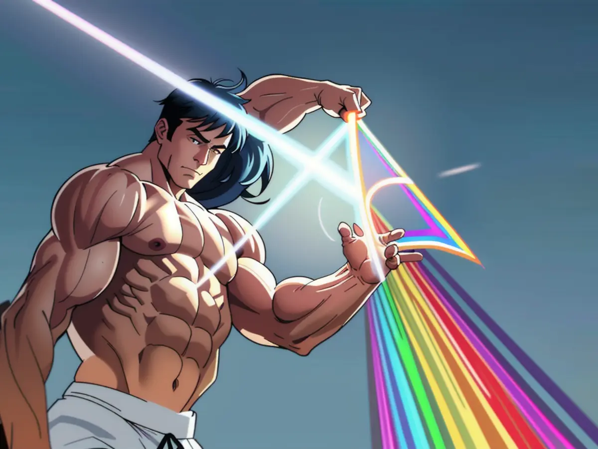 Embracing a rainbow-hued beam, diffused through a prism.